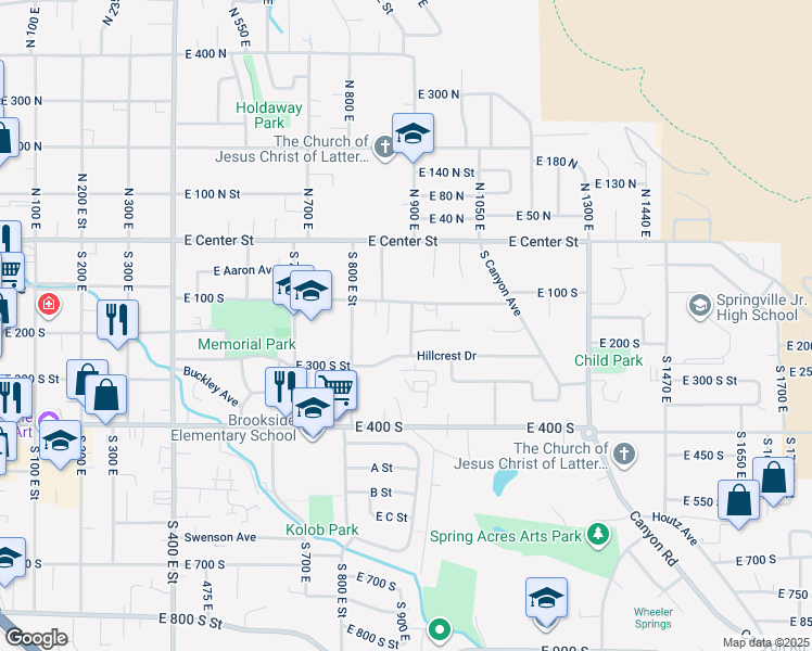 map of restaurants, bars, coffee shops, grocery stores, and more near 152 South 900 East in Springville