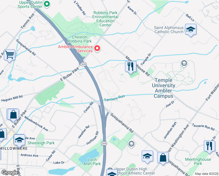map of restaurants, bars, coffee shops, grocery stores, and more near 1410 East Butler Pike in Ambler
