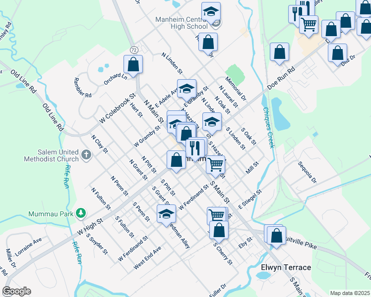 map of restaurants, bars, coffee shops, grocery stores, and more near 11 North Main Street in Manheim