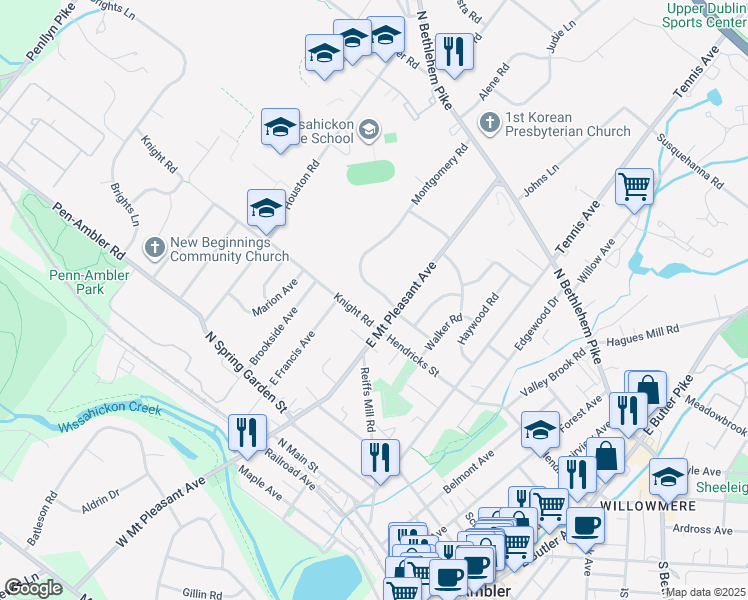map of restaurants, bars, coffee shops, grocery stores, and more near 505 Montgomery Road in Ambler