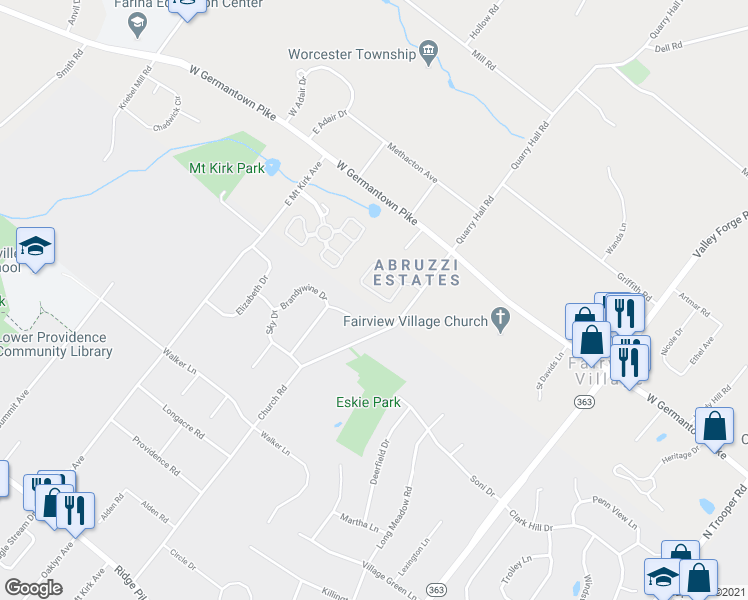 map of restaurants, bars, coffee shops, grocery stores, and more near 76 Wheatsheaf Lane in Eagleville