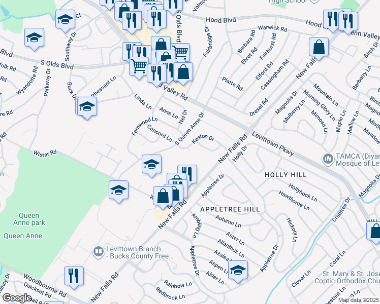 map of restaurants, bars, coffee shops, grocery stores, and more near 606 Keston Court in Fairless Hills