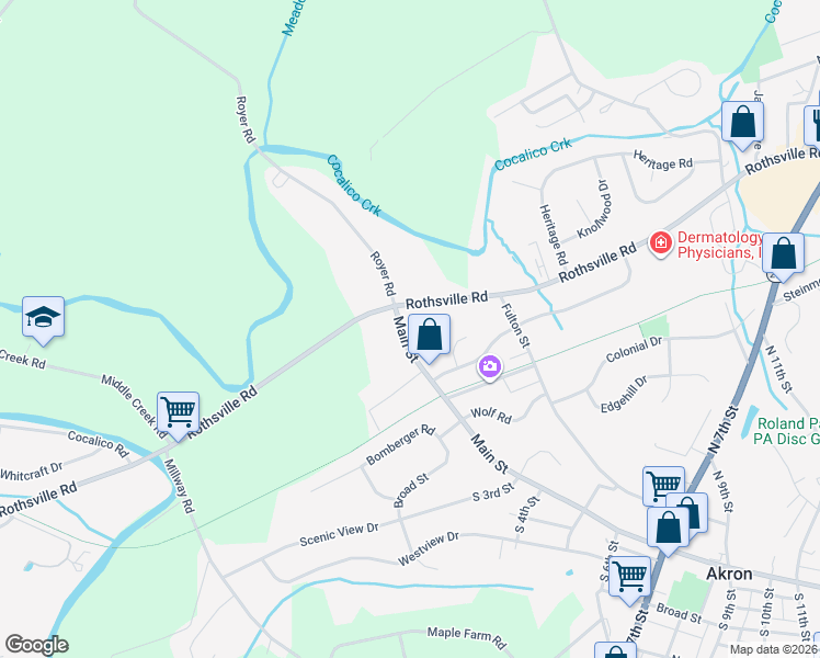 map of restaurants, bars, coffee shops, grocery stores, and more near 15 Main Street in Akron