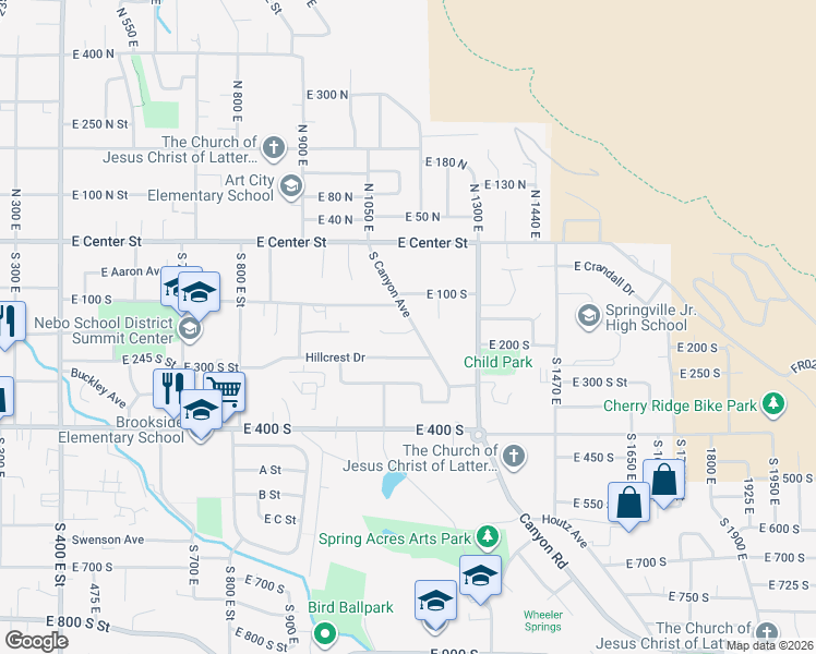 map of restaurants, bars, coffee shops, grocery stores, and more near 200 South Canyon Avenue in Springville