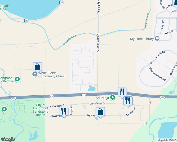 map of restaurants, bars, coffee shops, grocery stores, and more near 11238 Longview Boulevard in Longmont