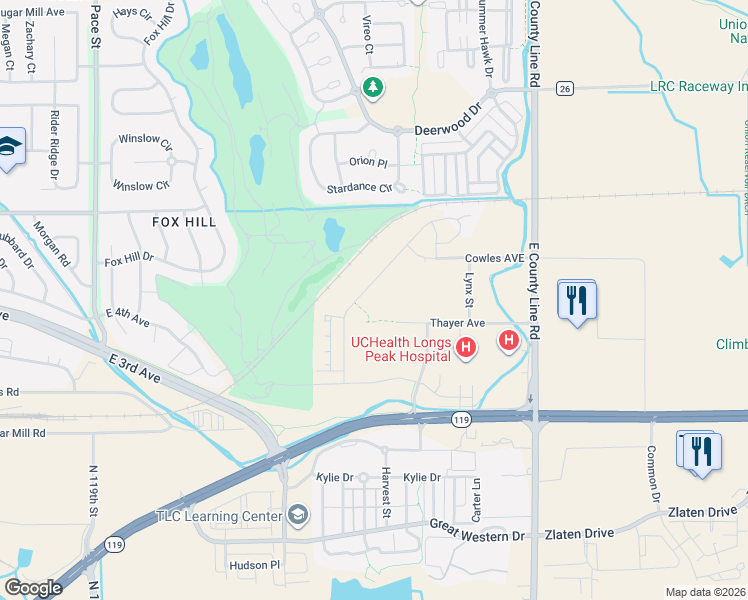map of restaurants, bars, coffee shops, grocery stores, and more near 501-599 Stardance Way in Longmont