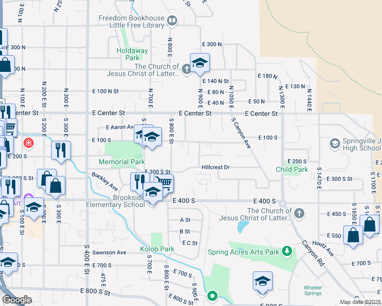 map of restaurants, bars, coffee shops, grocery stores, and more near 152 South 900 East in Springville