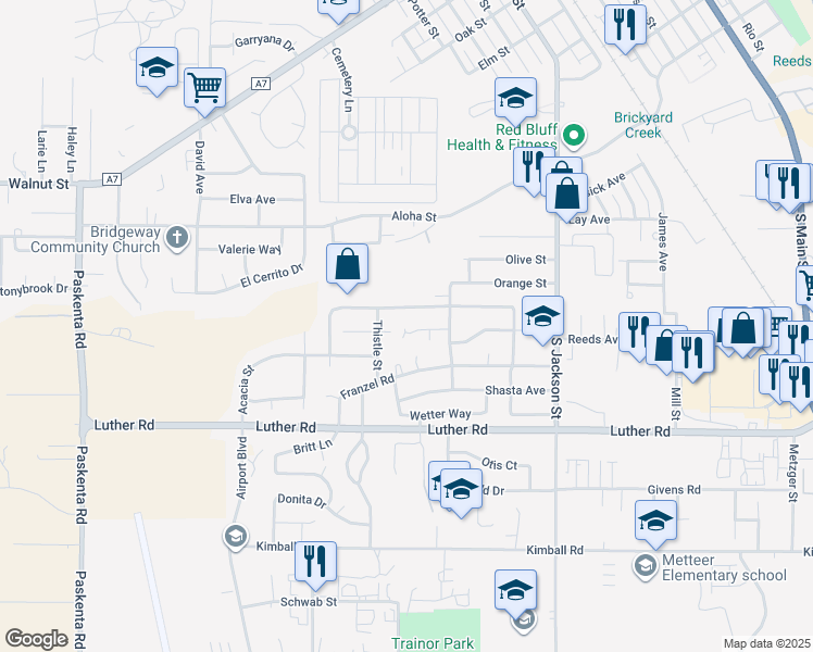 map of restaurants, bars, coffee shops, grocery stores, and more near 1235 Larkspur Court in Red Bluff