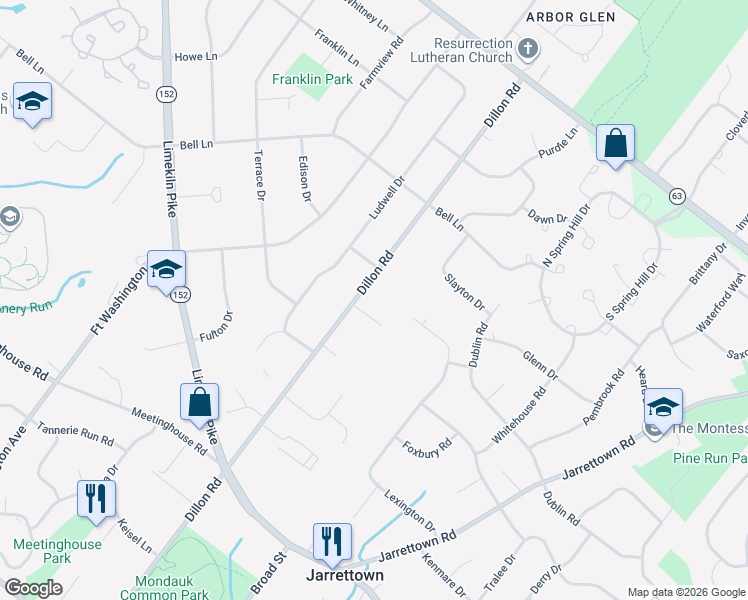 map of restaurants, bars, coffee shops, grocery stores, and more near 1643 Dillon Rd in Maple Glen