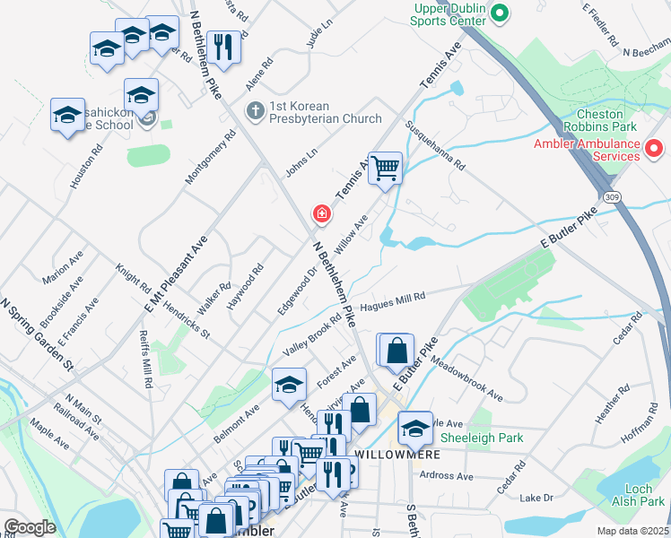 map of restaurants, bars, coffee shops, grocery stores, and more near 501 Willow Avenue in Ambler