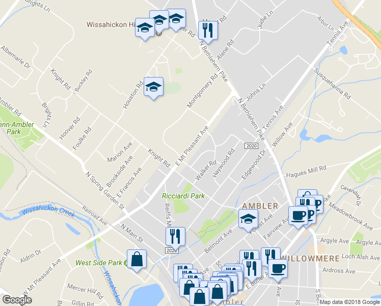 map of restaurants, bars, coffee shops, grocery stores, and more near 316 East Mount Pleasant Avenue in Ambler