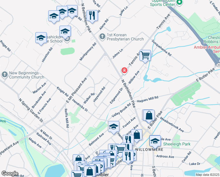 map of restaurants, bars, coffee shops, grocery stores, and more near 433 Tennis Avenue in Ambler
