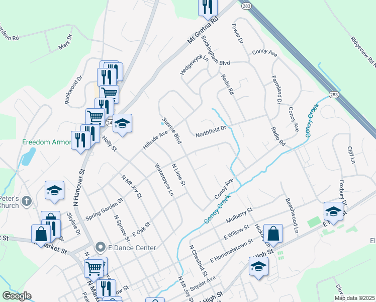 map of restaurants, bars, coffee shops, grocery stores, and more near 901 Spring Garden Street in Elizabethtown