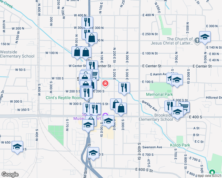map of restaurants, bars, coffee shops, grocery stores, and more near 191 East 200 South in Springville
