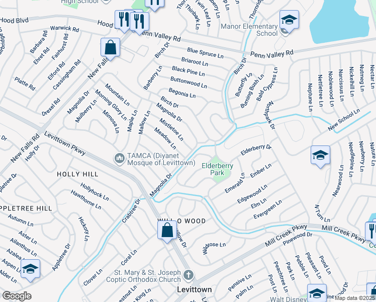 map of restaurants, bars, coffee shops, grocery stores, and more near 1 Mistletoe Lane in Levittown