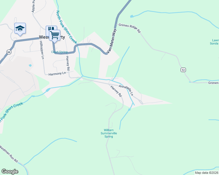 map of restaurants, bars, coffee shops, grocery stores, and more near 1819 Harvey Road in Wheeling