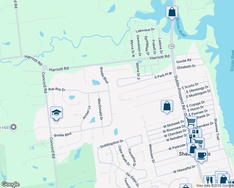 map of restaurants, bars, coffee shops, grocery stores, and more near 100 Buckeye Dr in Powell