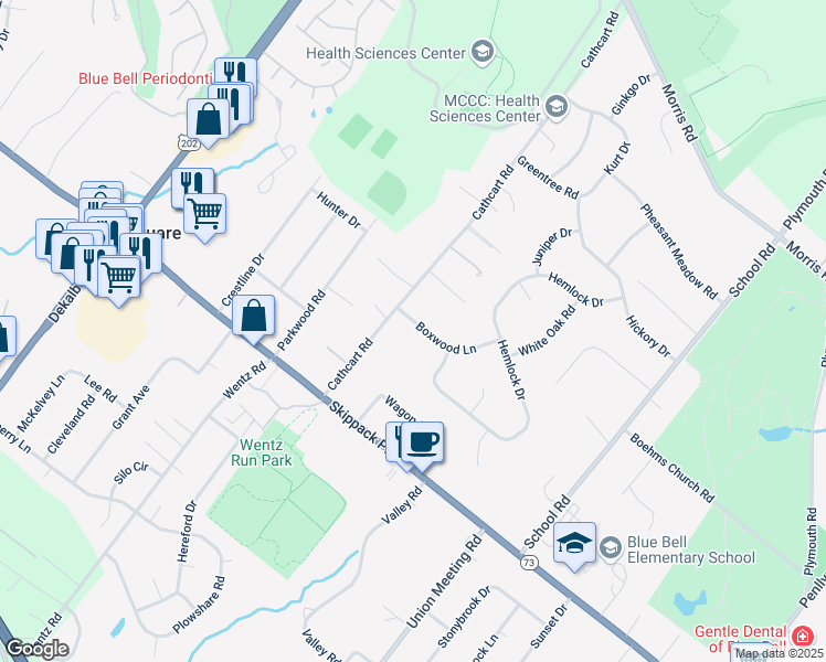 map of restaurants, bars, coffee shops, grocery stores, and more near 1088 Boxwood Lane in Blue Bell