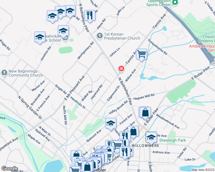 map of restaurants, bars, coffee shops, grocery stores, and more near 433 Tennis Avenue in Ambler