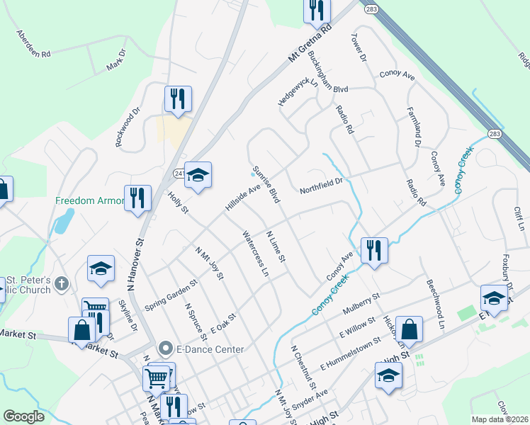 map of restaurants, bars, coffee shops, grocery stores, and more near 631 North Lime Street in Elizabethtown