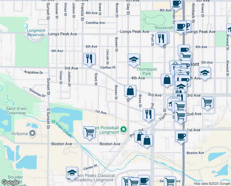 map of restaurants, bars, coffee shops, grocery stores, and more near 219 Bowen Street in Longmont