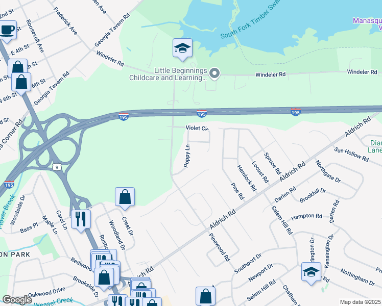 map of restaurants, bars, coffee shops, grocery stores, and more near 20 Poppy Lane in Howell Township