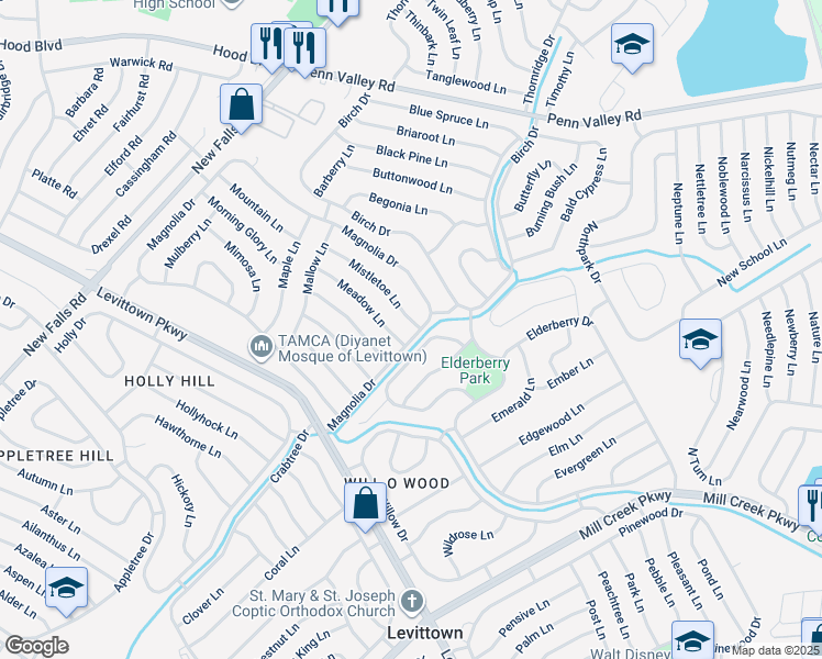map of restaurants, bars, coffee shops, grocery stores, and more near 1 Mistletoe Lane in Levittown