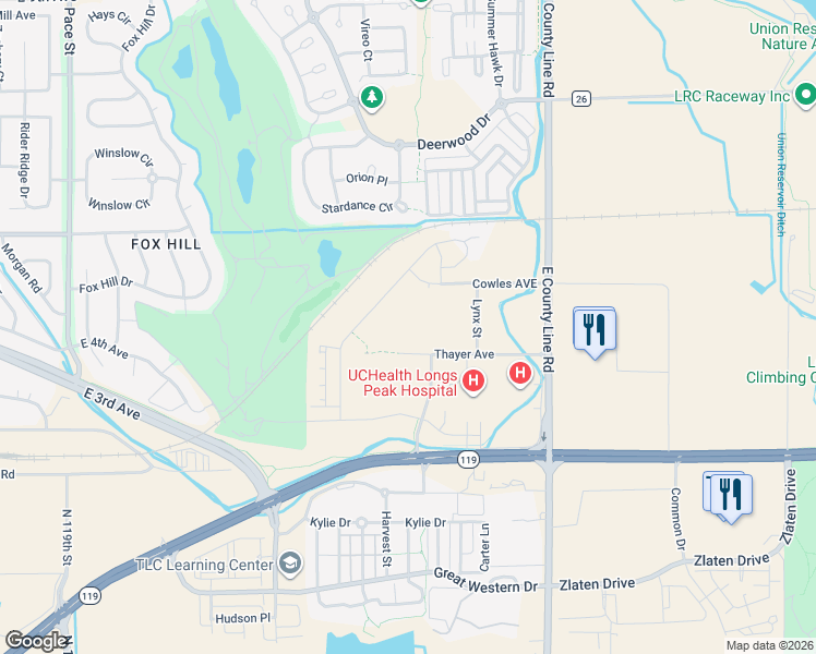 map of restaurants, bars, coffee shops, grocery stores, and more near 501-599 Stardance Way in Longmont