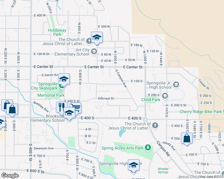 map of restaurants, bars, coffee shops, grocery stores, and more near 1007 East 150 South in Springville