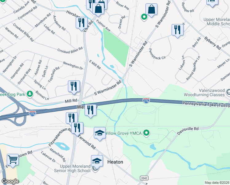 map of restaurants, bars, coffee shops, grocery stores, and more near 529 South Warminster Road in Hatboro