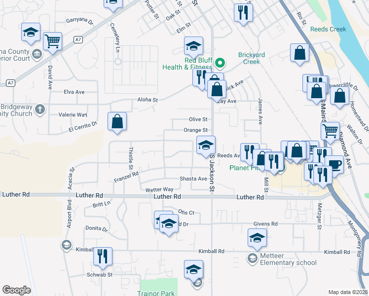 map of restaurants, bars, coffee shops, grocery stores, and more near 920 Oak Grove Avenue in Red Bluff