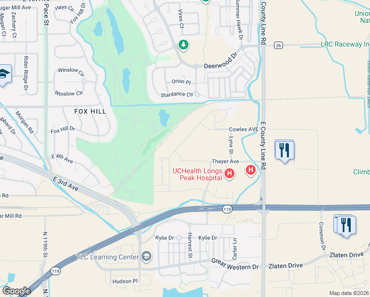 map of restaurants, bars, coffee shops, grocery stores, and more near 501-599 Stardance Way in Longmont