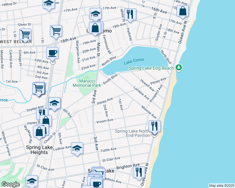 map of restaurants, bars, coffee shops, grocery stores, and more near 100 Pitney Avenue in Spring Lake