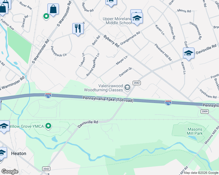 map of restaurants, bars, coffee shops, grocery stores, and more near 2517 Damian Drive in Hatboro