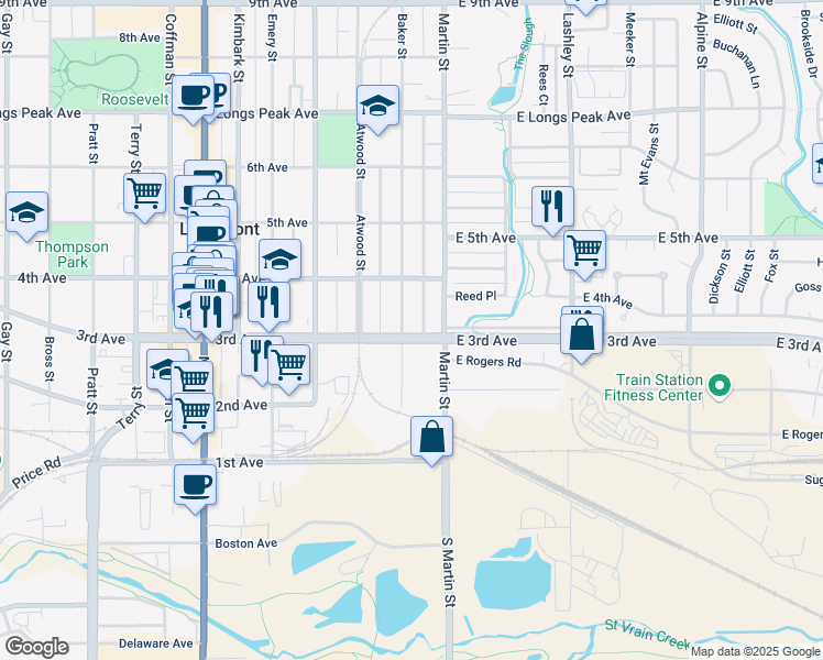 map of restaurants, bars, coffee shops, grocery stores, and more near 304 Baker Street in Longmont