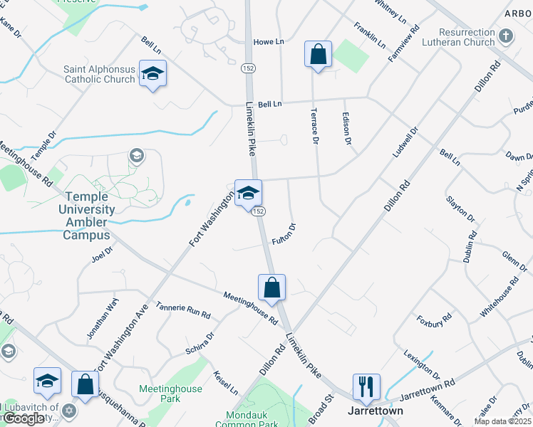 map of restaurants, bars, coffee shops, grocery stores, and more near 1036 Limekiln Pike in Maple Glen
