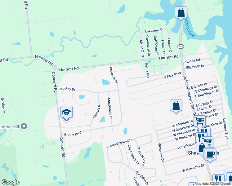 map of restaurants, bars, coffee shops, grocery stores, and more near 6787 Rob Roy Drive in Dublin
