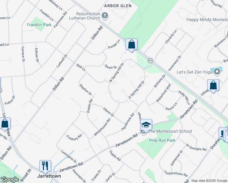 map of restaurants, bars, coffee shops, grocery stores, and more near 1701 Kings Circle in Ambler