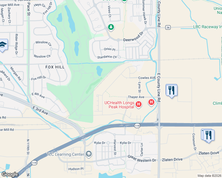 map of restaurants, bars, coffee shops, grocery stores, and more near 501-599 Stardance Way in Longmont