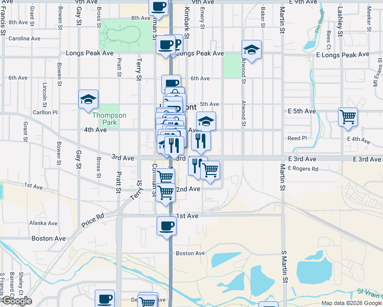 map of restaurants, bars, coffee shops, grocery stores, and more near 350 Kimbark Street in Longmont