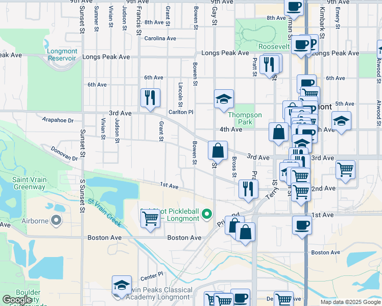 map of restaurants, bars, coffee shops, grocery stores, and more near 219 Bowen Street in Longmont