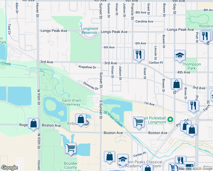 map of restaurants, bars, coffee shops, grocery stores, and more near 1609 Green Place in Longmont