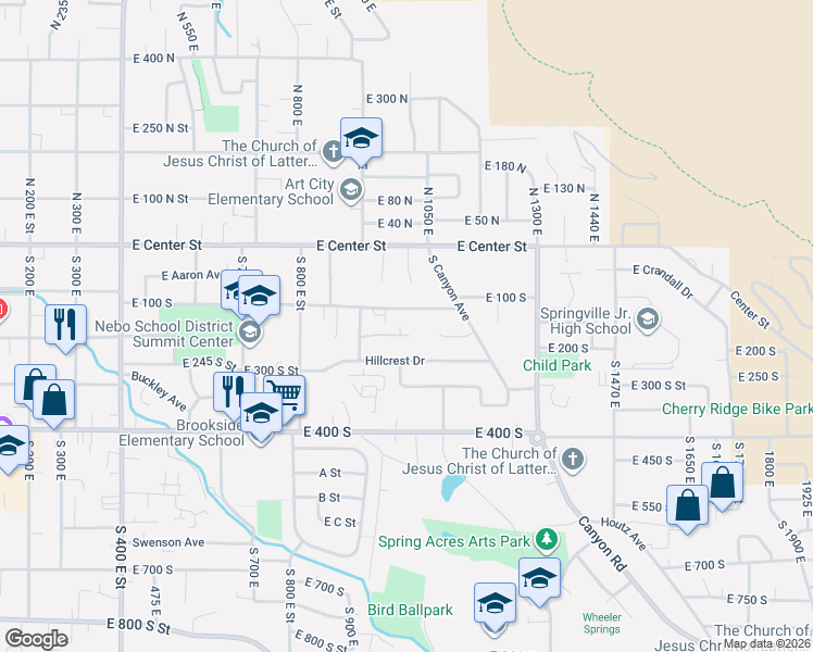 map of restaurants, bars, coffee shops, grocery stores, and more near 990 East 150 South in Springville