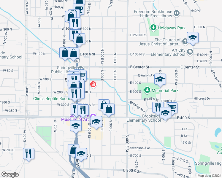map of restaurants, bars, coffee shops, grocery stores, and more near 263 East 200 South in Springville