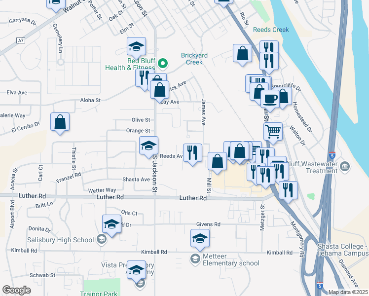 map of restaurants, bars, coffee shops, grocery stores, and more near 636 Reeds Avenue in Red Bluff