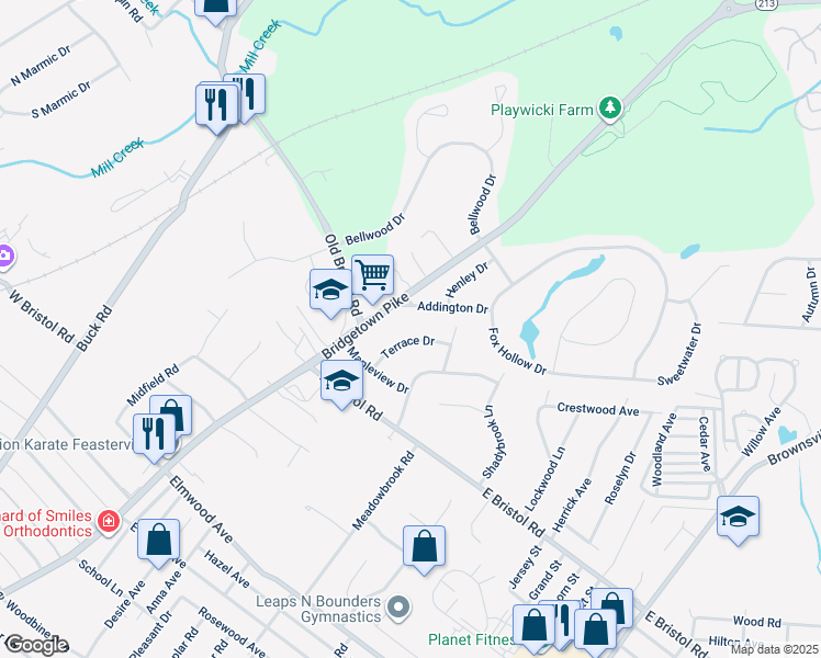 map of restaurants, bars, coffee shops, grocery stores, and more near 2050 Terrace Drive in Feasterville-Trevose