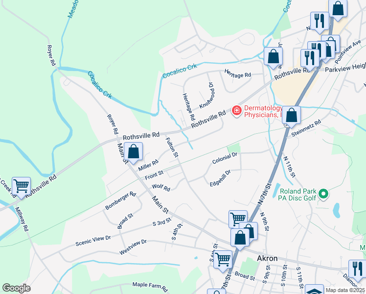 map of restaurants, bars, coffee shops, grocery stores, and more near in Akron