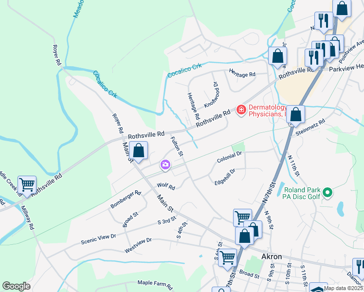 map of restaurants, bars, coffee shops, grocery stores, and more near 25 Fulton Street in Akron