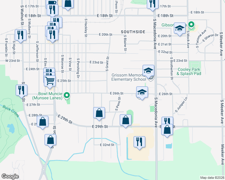 map of restaurants, bars, coffee shops, grocery stores, and more near 1208 East 26th Street in Muncie