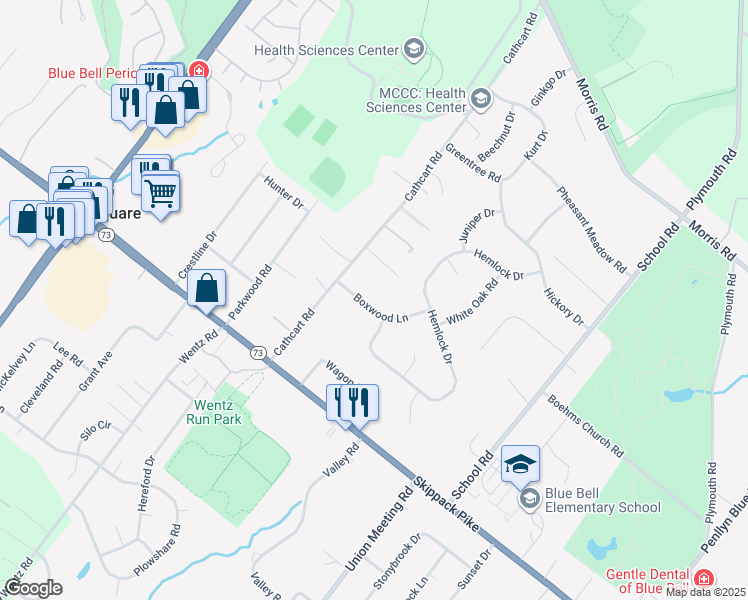 map of restaurants, bars, coffee shops, grocery stores, and more near 1079 Boxwood Ln in Blue Bell